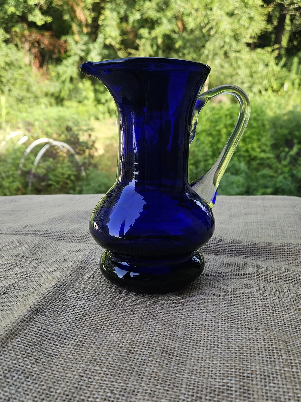 Cobalt Blue Art Glass Pitcher with Clear Handle Makes a Nice Vase - Picture 1 of 12